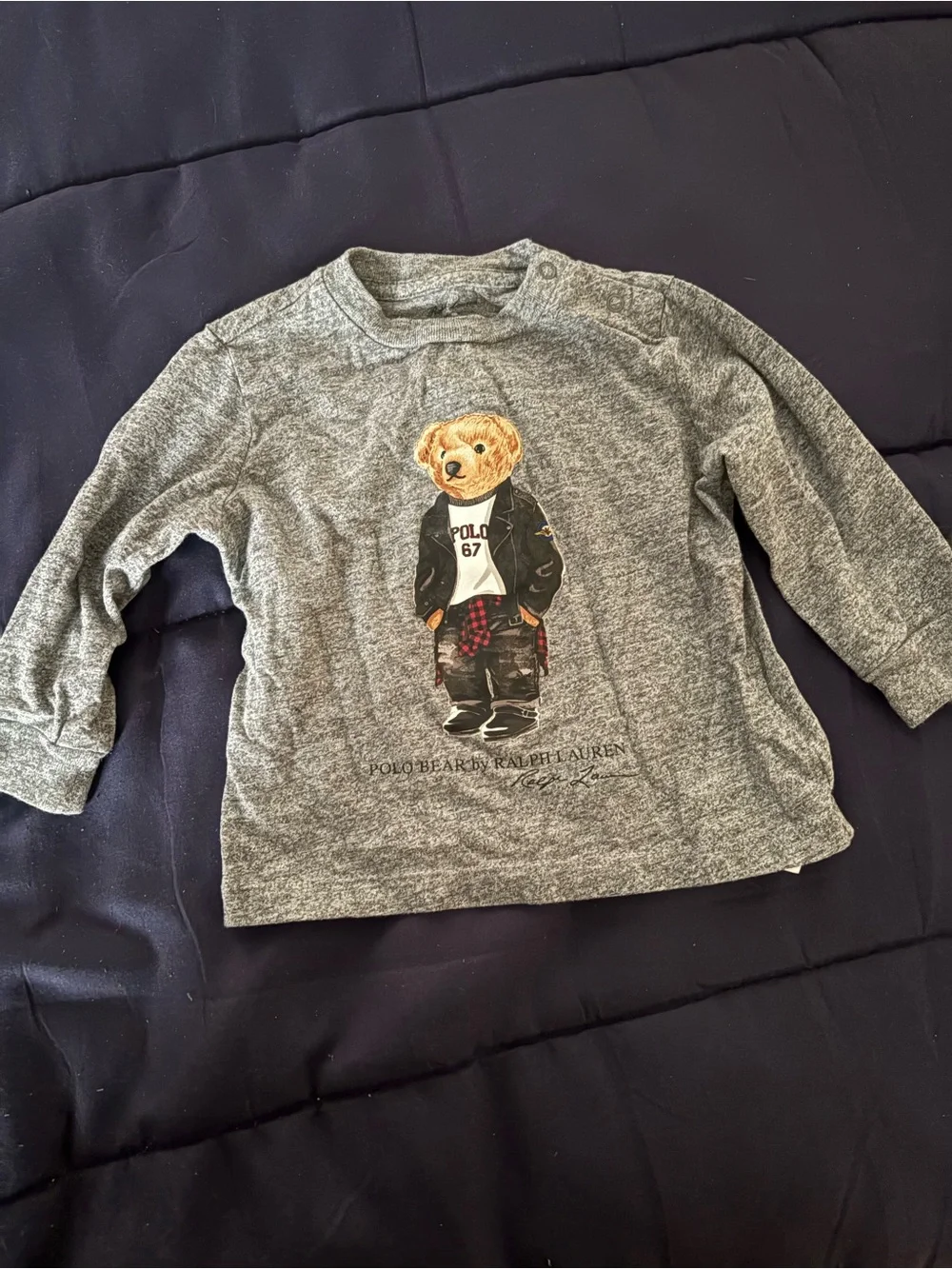 Ralph Lauren Gray Long-Sleeve Kids Tee with Polo Bear Graphic